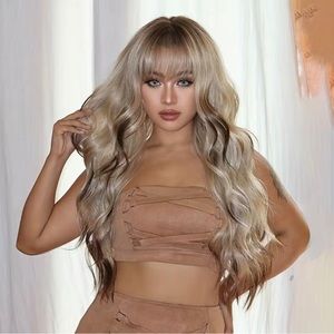 - Human hair blend platinum blonde with brown highlights wig